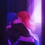 2girls arms_around_neck black_shirt blue_hair blush bocchi_the_rock! commentary_request french_kiss guitar hair_ornament hairclip hand_on_another&#039;s_back highres hug instrument kiss kita_ikuyo layered_sleeves long_hair long_sleeves multiple_girls one_side_up red_hair shirt short_over_long_sleeves short_sleeves stage yakaze_(yakaze1604) yamada_ryo yuri 
