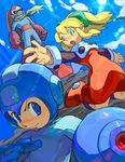  2boys artist_request blonde_hair blue_eyes blues_(rockman) hair_ribbon long_hair lowres multiple_boys ponytail red_skirt ribbon rockman rockman_(character) rockman_(classic) roll skirt 