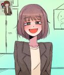  1girl :d borrowed_character brown_hair brown_jacket crumblestodust green_eyes highres history_teacher_(lowgradef) jacket looking_at_viewer math_teacher_(lowgradef) open_mouth original reference_inset shirt short_hair simple_background smile solo_focus upper_body white_shirt 