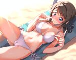  1girl abs beach bikini blue_eyes blush breasts brown_hair business_news3 cameltoe looking_at_viewer love_live! love_live!_sunshine!! short_hair solo stomach swimsuit thighs watanabe_you wavy_hair 