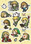 apple avian belt bird blonde_hair boots breath_of_the_wild chicken clothing elf fairy food footwear fruit galliform gallus_(genus) group hair hat headgear headwear hi_res humanoid humanoid_pointy_ears hylian light_body light_skin link male mmimmzel nintendo ocarina_of_time open_mouth open_smile phasianid plant rupee shirt smile square_crossover the_legend_of_zelda toon_link topwear treasure_chest triforce tunic wind_waker wings young_link