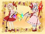  bat_wings blonde_hair bloomers blue_hair flandre_scarlet hat hat_ribbon kintaro laevatein mary_janes multiple_girls one_side_up red_eyes remilia_scarlet ribbon shoes short_hair siblings sisters spear_the_gungnir touhou underwear vampire wings 