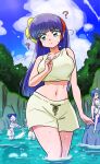  1990s_(style) 4girls ? aged_down arm_across_chest arm_at_side bathing blue_eyes blue_sky breasts caution cloud cologne_(ranma_1/2) flashback forest hairband highres large_breasts looking_around looking_to_the_side multiple_girls nature navel onsen outdoors purple_hair ranma_1/2 red_hairband retro_artstyle ribbon same-sex_bathing shared_bathing shirt shorts signature sky splashing underwear wanta_(futoshi) water wide_hips yellow_ribbon yellow_shirt yellow_shorts 