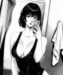  1girl artist_name bare_shoulders black_tank_top breasts cowboy_shot fubuki_(one-punch_man) holding holding_phone large_breasts looking_at_mirror mirror mirror_selfie miss_faves monochrome one-punch_man phone selfie shower_curtain solo tank_top towel 