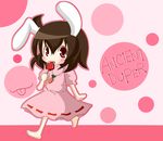  animal_ears barefoot bunny_ears candy_apple chibi food hida_(artist) inaba_tewi pink solo touhou 