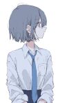  1girl blue_hair blue_necktie blue_skirt blue_theme expressionless highres looking_to_the_side matsuda_hikari necktie original own_hands_together pleated_skirt profile shirt short_hair simple_background skirt solo white_background white_shirt 