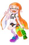  blush closed_eyes highres ink_tank_(splatoon) inkling inkling_girl inkling_player_character open_mouth orange_hair pntstroki pointy_ears purple_footwear shirt simple_background splatoon_(series) splatoon_1 splattershot_(splatoon) standing standing_on_one_leg tentacle_hair waving white_background white_shirt 