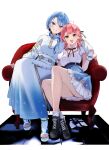  2girls absurdres ahoge arm_around_neck aya02ka black_footwear blue_eyes blue_hair blue_nails blue_skirt bob_cut commentary_request full_body green_eyes grin hair_ornament highres hololive hoshimachi_suisei hoshimachi_suisei_(8th_costume) jacket long_hair long_sleeves looking_at_viewer multiple_girls nail_polish official_alternate_costume official_alternate_hairstyle open_mouth pink_hair puffy_short_sleeves puffy_sleeves sakura_miko sakura_miko_(street) short_sleeves simple_background sitting skirt smile star_(symbol) star_in_eye striped_clothes striped_skirt swept_bangs symbol_in_eye teeth toeless_footwear toenail_polish toenails vertical-striped_clothes vertical-striped_skirt virtual_youtuber white_background white_jacket 