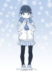  1girl animal_earmuffs blue_theme blush closed_mouth earmuffs full_body gloves hands_up jacket long_sleeves looking_at_viewer miniskirt monochrome original own_hands_together pantyhose ponsuke_(pon00000) scarf shoes skirt smile snowing solo standing winter winter_clothes 