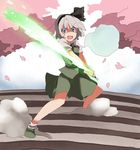  black_hairband blue_eyes energy_sword frown ghost hairband hitodama konpaku_youmu konpaku_youmu_(ghost) looking_at_viewer mieharu open_mouth ribbon short_hair silver_hair solo sword touhou weapon 