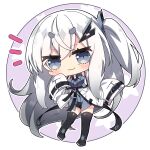  1girl :3 absurdly_long_hair allial_(coefont) bare_shoulders black_footwear black_shorts blue_shirt blush boots chibi closed_mouth coefont collared_shirt commentary_request dress_shirt full_body grey_eyes grey_hair hair_ornament highres jacket long_hair long_sleeves milkpanda notice_lines off_shoulder one_side_up open_clothes open_jacket outline purple_background shirt short_eyebrows short_shorts shorts sleeveless sleeveless_shirt sleeves_past_fingers sleeves_past_wrists solo standing starry_background thick_eyebrows thigh_boots two-tone_background very_long_hair white_background white_jacket white_outline wide_sleeves 