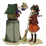  broom chibi hakurei_reimu hat highres japanese_clothes moriya_suwako multiple_girls scarf shrine touhou uewtsol yasaka_kanako 
