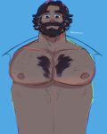  1boy bara bare_pectorals beard blending blue_background body_fur chest_tuft dark-skinned_male dark_skin facial_hair full_beard highres huge_pectorals looking_at_viewer male_focus mature_male muscular muscular_male nipples open_clothes open_shirt original pectorals short_hair smile solo sparse_chest_hair starmelode_(skitchwill) tareme thick_beard thick_mustache thick_neck 