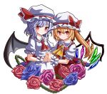  2girls ascot back_bow bat_wings blonde_hair blue_flower blue_rose bow center_frills closed_mouth collared_shirt crystal flandre_scarlet flower frilled_shirt_collar frilled_sleeves frills hair_between_eyes hat hat_bow hat_ribbon highres holding_hands interlocked_fingers light_smile long_hair looking_at_viewer medium_hair mob_cap multicolored_wings multiple_girls one_side_up pink_flower pink_rose puffy_short_sleeves puffy_sleeves purple_hair red_ascot red_bow red_eyes red_flower red_rose red_skirt red_vest remilia_scarlet ribbon rose shiro_(kiron) shirt short_sleeves siblings simple_background sisters skirt thorns touhou upper_body vest white_background white_hat white_shirt white_skirt wings yellow_ascot 