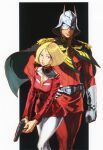  1boy 1girl belt blonde_hair blue_eyes breasts cape char_aznable earth_federation english_commentary eye_mask gloves gun gundam handgun helmet highres manly military_uniform mobile_suit_gundam nishimura_kinu pants promotional_art sayla_mass science_fiction siblings size_difference toned uniform weapon white_pants zeon 