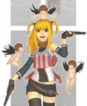  3boys amane_misa angel bangs belt blonde_hair death_note dual_wielding gun handgun holding jelobee loose_belt multiple_boys open_mouth pistol shorts smile thighhighs two_side_up weapon yagami_light 