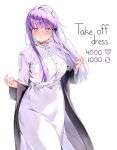  1girl absurdres blush breasts buttons collared_dress curvy dress english_commentary english_text fern_(sousou_no_frieren) frilled_shirt_collar frills highres large_breasts long_bangs long_dress long_hair long_sleeves looking_at_viewer machulanko meme pout purple_eyes purple_hair simple_background solo sousou_no_frieren standing straight_hair sweat twitter_strip_game_(meme) undressing white_background white_dress 