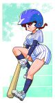  1girl baseball_bat baseball_helmet baseball_uniform belt blue_belt blue_eyes blue_socks blue_undershirt braid braided_ponytail cleats eyeshadow floral_print genderswap genderswap_(mtf) gloves helmet highres looking_at_viewer makeup own_fingers_together own_hands_together purple_eyeshadow ranma-chan ranma_1/2 red_hair saotome_ranma shirt shorts signature socks sportswear striped_clothes striped_shirt striped_shorts sweat sweatdrop two-tone_background vertical-striped_clothes vertical-striped_shirt vertical-striped_shorts wanta_(futoshi) white_footwear white_gloves 