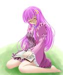  bad_id bad_pixiv_id barefoot bespectacled book closed_eyes crescent crescent_hair_ornament glasses hair_ornament long_hair nekokotei no_hat no_headwear patchouli_knowledge pentagram purple_hair sitting solo striped touhou wariza 