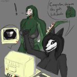 1:1 anthro big_breasts black_body bone breasts butt computer duo electronics female female/female grey_background humor living_computer loryddragon meme monster nude reptile scalie scp-079 scp-1471 scp-682 scp_foundation simple_background sketch skull speech_bubble teeth text