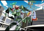  ancient_fairy_dragon card chiyomi city dragon duel_disk duel_monster green_hair holding holding_card lens_flare luca_(yuu-gi-ou) mecha parody ranguage rideback yellow_eyes yuu-gi-ou yuu-gi-ou_5d's 