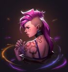  1girl absurdres angelmoonlight asymmetrical_hair bandaged_hand bandages brown_background cropped_torso earrings glowing highres jewelry league_of_legends long_hair nose_piercing piercing pink_hair profile shoulder_tattoo sidecut solo tattoo undercut upper_body vi_(league_of_legends) 
