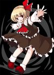  ascot blonde_hair fa_no_hito frilled_skirt frilled_sleeves frills full_body hair_ribbon looking_at_viewer outstretched_arms red_eyes red_footwear red_ribbon ribbon rumia shirt shoes short_hair skirt socks solo spread_arms touhou white_legwear white_shirt 