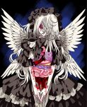  1girl bad_id bad_twitter_id black_dress black_hairband bleeding blood blood_from_eyes blue_eyes colored_sclera cowboy_shot cuts dress expressionless feathered_wings frilled_dress frills gothic_lolita guro hair_over_one_eye hairband heart_(organ) highres injury intestines lolita_fashion lolita_hairband long_hair looking_at_viewer lungs meremero multiple_wings organs original pale_skin red_pupils red_sclera self-harm self-harm_scar solo standing v_arms white_hair white_wings wings 