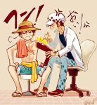  2boys anger_vein blue_shorts commentary_request denim hat holding holding_syringe jeans magu_pink male_focus monkey_d._luffy multiple_boys on_chair one_piece pants profile puff_of_air sandals sash scar scar_on_chest scar_on_face shorts signature straw_hat syringe trafalgar_law yellow_sash 