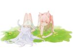  2girls absurdres animal_ears bare_arms bare_legs cat_ears cat_girl cat_tail closed_mouth commentary_request dress flower grass highres long_hair lying multiple_girls nago_nago on_back on_stomach orange_eyes original outdoors pink_hair simple_background smile tail twintails white_background white_dress white_hair yellow_flower 