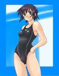  bad_id bad_pixiv_id black_hair blue_eyes competition_swimsuit copyright_request hand_on_hip kusemono one-piece_swimsuit short_hair solo swimsuit 