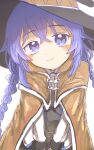  1girl absurdres blue_eyes blue_hair blush braid brown_cloak cloak closed_mouth flat_chest grey_shirt hair_between_eyes hat highres jacket long_hair looking_at_viewer mushoku_tensei roxy_migurdia shirt simple_background siwadayo smile solo twin_braids upper_body white_background white_jacket witch_hat 