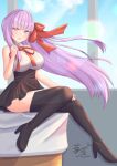  1girl absurdres bare_shoulders bb_(fate) bb_(fate/extra) black_footwear black_skirt blush boots breasts dengmingxuan~chacha fate/grand_order fate_(series) hair_ribbon high-waist_skirt high_heel_boots high_heels highres large_breasts long_hair neck_ribbon purple_eyes purple_hair red_ribbon ribbon signature skirt smile solo thighs tsukumihara_academy_uniform_(fate/extra_ccc) very_long_hair 