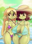 20pesos_sopa :&gt; absurd_res ahoge big_breasts bikini blonde_hair blurred_background breasts brown_hair clothing duo ears_down eyelashes female freckled_breasts freckled_legs freckled_thighs freckles goblin green_bikini green_body green_clothing green_skin green_swimwear hair hat headgear headwear hi_res humanoid humanoid_pointy_ears lara_(20pesos_sopa) lei_(20pesos_sopa) long_hair looking_at_viewer medium_breasts meme navel not_furry pivoted_ears purple_bikini purple_clothing purple_swimwear short_hair sibling_(lore) sister_(lore) sisters_(lore) smile standing swimwear thick_thighs wide_hips