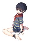 1boy absurdres barefoot black_hair blue_eyes child full_body highres male_focus mother_(game) mother_1 ninten open_mouth shirt short_hair shorts sitting striped_clothes striped_shirt user_eehs2222 