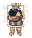  1boy beard boobaloof brown_hair closed_eyes commentary cooking dungeon_meshi dwarf english_commentary facial_hair fake_horns full_body helmet highres horned_helmet horns inset_border long_beard male_focus senshi_(dungeon_meshi) solo standing stirring thick_mustache u_u very_long_beard 