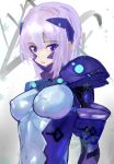  1girl absurdres blue_bodysuit bodysuit breasts cryska_barchenowa fortified_suit highres impossible_bodysuit impossible_clothes kisaragi9a large_breasts muv-luv muv-luv_alternative muv-luv_total_eclipse pilot_suit purple_eyes see-through_bodysuit short_hair simple_background skin_tight solo white_hair 