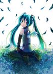  aqua_hair bad_id bad_pixiv_id blue_eyes detached_sleeves feathers hatsune_miku highres kisuzu long_hair looking_back skirt solo thighhighs twintails vocaloid wings 