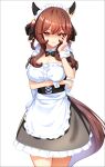  1girl absurdres alternate_costume animal_ears apron breasts brown_hair cleavage closed_mouth commentary_request enmaided gentildonna_(umamusume) hair_ornament hair_rings hand_on_own_chest highres horse_ears horse_girl large_breasts long_hair looking_at_viewer maid maid_headdress medium_hair red_eyes ribbon shaded_face simple_background solo sunny_(20597521) umamusume white_background 