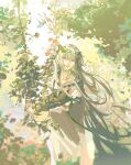  1boy androgynous blue_eyes bouquet cangchen collarbone commentary_request cowboy_shot day enkidu_(fate) fate/grand_order fate_(series) head_wreath highres holding holding_bouquet light_smile long_hair long_sleeves looking_at_viewer male_focus outdoors parted_lips robe solo tree white_hair white_robe white_sleeves wide_sleeves wind 