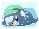  blue_eyes blue_hair hair_bobbles hair_ornament hat kawashiro_nitori lying oka_(bananashoe) on_stomach one_eye_closed sleeping solo touhou twintails two_side_up 