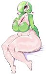 bodily_fluids breasts cleavage clothed clothing eyelashes female gardevoir generation_3_pokemon green_body heart_symbol hi_res humanoid navel nintendo pokemon pokemon_(species) red_body red_eyes saltyxodium solo sweat white_body