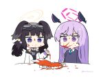  2girls animal_ears black_hair blue_archive blue_necktie closed_mouth collared_shirt dog_ears dog_girl expressionless eyewear_on_head floating_headgear food goggles goggles_on_head halo headgear hibiki_(blue_archive) highres ketchup kuroshiro1011 long_hair long_sleeves multiple_girls necktie pizza pizza_box purple_eyes purple_hair shirt simple_background twitter_username upp utaha_(blue_archive) white_background white_shirt yellow_halo 