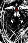  1girl amanogawa bad_id bad_pixiv_id blame! graviton_beam_emitter greyscale long_hair monochrome parody red_eyes reiuji_utsuho ribbon safeguard_(blame!) sanakan solo spot_color touhou weapon wings 
