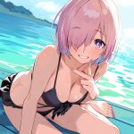  1girl absurdres bare_shoulders beach bikini black_bikini blush breasts cleavage fate/grand_order fate_(series) hair_over_one_eye highres large_breasts long_bangs looking_at_viewer mash_kyrielight purple_eyes purple_hair purple_nails short_hair sitting smile solo swimsuit xiaoxiao_de_kuangsan 
