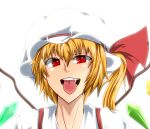  1girl backlighting blonde_hair crystal flandre_scarlet hair_between_eyes hat hat_ribbon looking_at_viewer medium_hair meno~n mob_cap multicolored_wings one_side_up open_mouth red_eyes red_ribbon ribbon shirt simple_background solo suspenders teeth tongue tongue_out touhou upper_body white_background white_hat white_shirt wings 