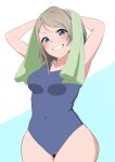  1girl blue_background blue_eyes blue_one-piece_swimsuit blush breasts brown_hair com2 drying drying_hair grey_hair highres looking_at_viewer love_live! love_live!_sunshine!! medium_breasts one-piece_swimsuit open_mouth short_hair skirt smile solo swimsuit towel towel_on_head watanabe_you white_background 