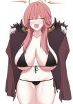  1girl aru_(blue_archive) ayumu_(ayumu3659) bikini black_bikini blue_archive blush breasts brown_coat cleavage coat coat_on_shoulders empty_eyes fur-trimmed_coat fur_trim halo highres horns large_breasts long_hair navel open_mouth pink_hair swimsuit thighs 