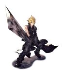  1boy black_gloves blonde_hair blue_eyes cloud_strife fighting_stance final_fantasy final_fantasy_brave_exvius final_fantasy_vii final_fantasy_vii_advent_children fusion_swords gloves highres holding holding_sword holding_weapon looking_at_viewer official_art ryuji_ohara simple_background single_shoulder_pad single_sleeve solo spiked_hair sword war_of_the_visions:_final_fantasy_brave_exvius weapon 