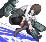  1girl ass bike_shorts bike_shorts_under_skirt blush brown_eyes brown_hair crossbow flat_chest flight_deck gegeron hair_between_eyes hakama hakama_short_skirt hakama_skirt headband headgear highres holding holding_crossbow holding_weapon japanese_clothes kantai_collection long_sleeves looking_at_viewer machinery pleated_skirt repeating_crossbow short_hair signature skirt solo taihou_(kancolle) thighhighs weapon white_background 